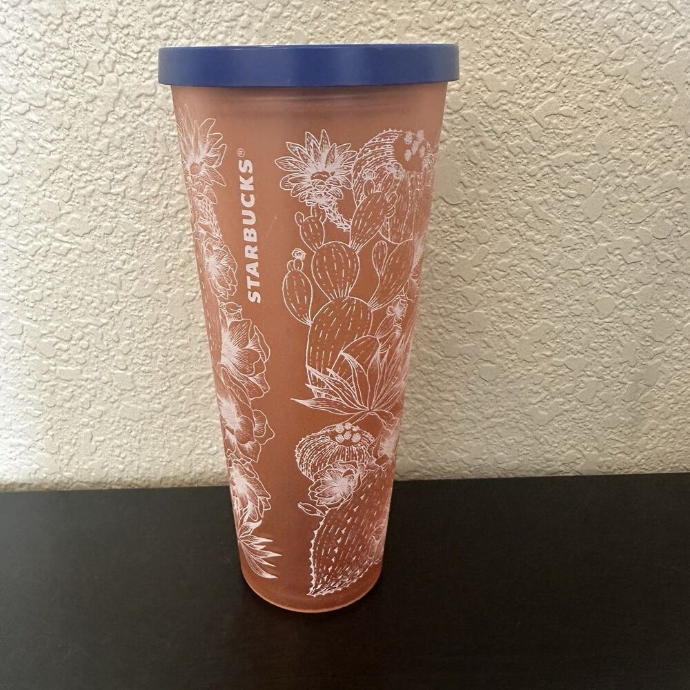 2019 Starbucks Coral Soft Touch Cactus 24 oz Tumbler Cup Blue Lid Collectible